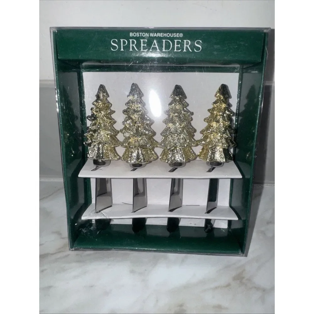 BOSTON WAREHOUSE ,Christmas Cheese Butter Spreaders, Silver Gold Trees-4 VTG